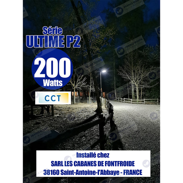 Lampe de rue filaire - Série ULTIME P2 - CCT - Puissance ajustable 100 / 150 / 200 Watts - 180 Lumens/Watt - 53 x 30 x 6,5 cm - IP66 - Angle 150 x 90° - Tube d'insertion 60mm - Couleur Bronze foncé - Dimmable – Angle rotatif - Garantie 5 ans