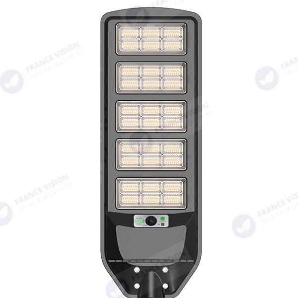 Lot de 6x Luminaires LED pour Candélabre / Lampe de rue et parking - Série VIEW V3 CCT (Couleur Changeante en Température) - 800 Watts - 3500 Lumens - Angle 140*70° - IP65 - Lampe 72 x 25 x 5 cm - Panneau MONOCRISTALLIN 61 x 23 cm - Détecteur de mouvement