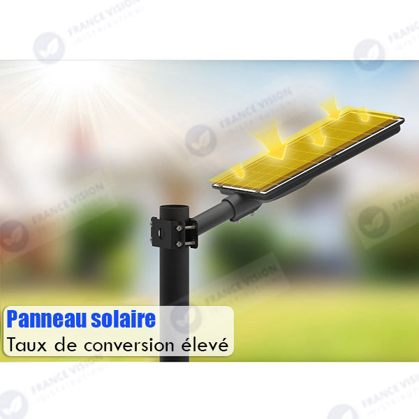 Lampe de rue LED solaire - Série VIEW V2 EVO  - 1200 Watts - 3600 Lumens - 6000k - Angle 140*70° - IP54 - 64 x 26 x 7 cm - Panneau Monocristallin - Batterie 20Ah - Détecteur de mouvement - Télécommande - Tube d'insertion 45mm