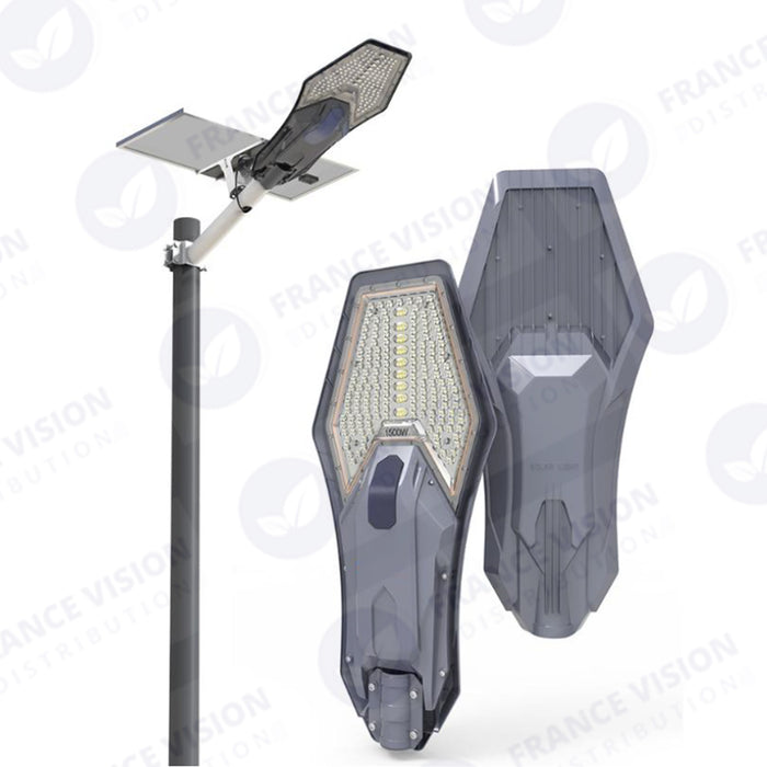 Lampe de rue solaire - Série INTERSTELLAR ELITE PIR - 800 Watts - 5600 Lumens - Angle 150*70° - IP66 - Lampe 75 x 34 x 10 cm - Panneau MONO 67 x 45 x 3 cm - Contrôleur intelligent - Télécommande - Support inclus - Détecteur de mouvement - 6000k