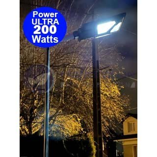 Lampadaire solaire extérieur de rue / parking - Série POWER ULTRA - Rendu 200 Watts - 2000 lumens - 180° - IP65 - 46 x 36 x 8 cm - Avec capteur crépusculaire - Télécommande - Avec détecteur de mouvement - Diamètre tube d’insertion 45 mm