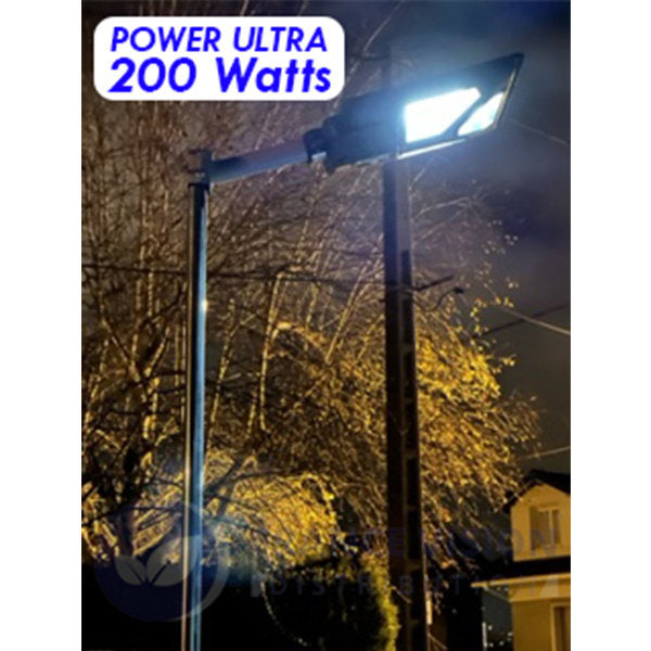 Lampadaire solaire extérieur de rue / parking - Série POWER ULTRA - Rendu 200 Watts - 2000 lumens - 180° - IP65 - 46 x 36 x 8 cm - Avec capteur crépusculaire - Télécommande - Avec détecteur de mouvement - Diamètre tube d’insertion 45 mm