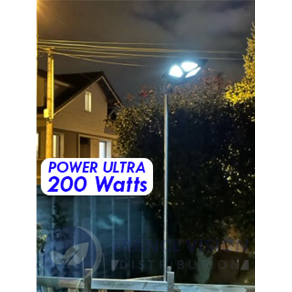 Lampadaire solaire extérieur de rue / parking - Série POWER ULTRA - Rendu 200 Watts - 2000 lumens - 180° - IP65 - 46 x 36 x 8 cm - Avec capteur crépusculaire - Télécommande - Avec détecteur de mouvement - Diamètre tube d’insertion 45 mm