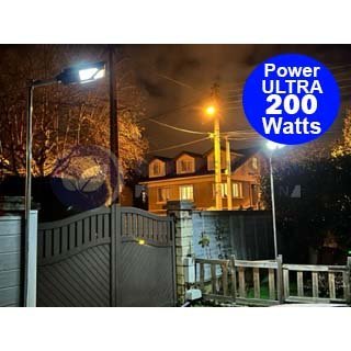 Lampadaire solaire extérieur de rue / parking - Série POWER ULTRA - Rendu 200 Watts - 2000 lumens - 180° - IP65 - 46 x 36 x 8 cm - Avec capteur crépusculaire - Télécommande - Avec détecteur de mouvement - Diamètre tube d’insertion 45 mm