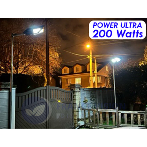 Lampadaire solaire extérieur de rue / parking - Série POWER ULTRA - Rendu 200 Watts - 2000 lumens - 180° - IP65 - 46 x 36 x 8 cm - Avec capteur crépusculaire - Télécommande - Avec détecteur de mouvement - Diamètre tube d’insertion 45 mm