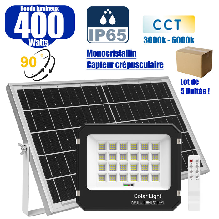 Lot de 5x Projecteurs LED solaires  Série AJUST V3 - CCT (Couleur Changeante en Température ) - Rendu lumineux 400 Watts - 2100 Lumens - 90° - IP65 - Projecteur 31 x 26 x 5 cm - Panneau MONOCRISTALLIN - Avec télécommande - Avec capteur crépusculaire