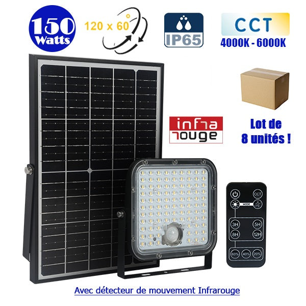 Lot de 8x Projecteurs LED solaires CCT (Couleur Changeante en Température) - Série SECURITY V1 - Rendu lumineux 150 Watts - 1500 lumens - Angle 120° x 60° - IP65 - Lampe 14 x 15 x 3 cm - Panneau solaire monocristallin - Détecteur Infrarouge - Télécommande