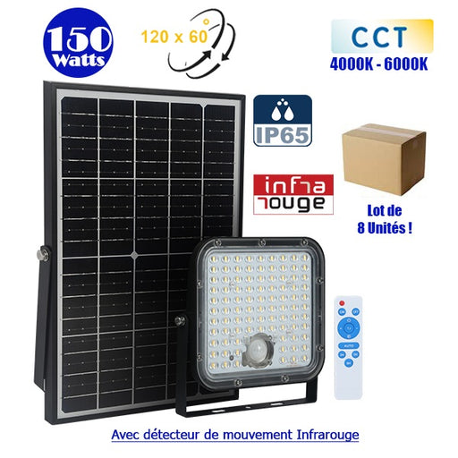 Lot de 8x Projecteurs LED solaires CCT (Couleur Changeante en Température) - Série SECURITY V1 - Rendu lumineux 150 Watts - 1500 lumens - Angle 120° x 60° - IP65 - Lampe 14 x 15 x 3 cm - Panneau solaire monocristallin - Détecteur Infrarouge - Télécommande
