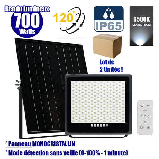 Lot de 2x Projecteurs LED solaires - Série SECURITY ULTRA - 700 Watts - 4000 Lumens - Angle 120° - IP65 - Lampe 37 x 36 x 5 cm - Panneau solaire MONOCRISTALLIN 45 x 42 x 3 cm - Télécommande - 6500k - Mode de détection sans veille (0-100% - 1 minute)