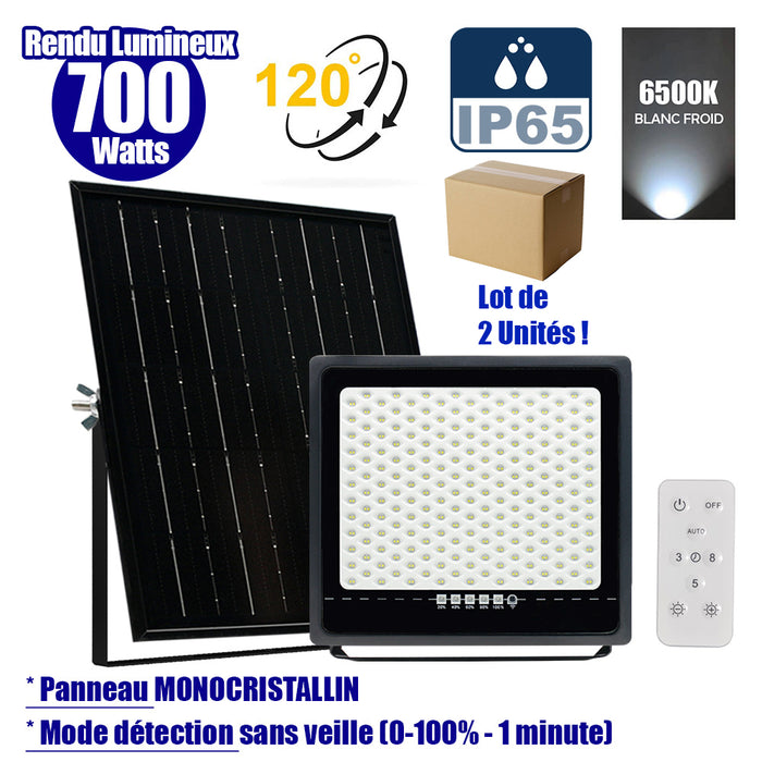 Lot de 2x Projecteurs LED solaires - Série SECURITY ULTRA - 700 Watts - 4000 Lumens - Angle 120° - IP65 - Lampe 37 x 36 x 5 cm - Panneau solaire MONOCRISTALLIN 45 x 42 x 3 cm - Télécommande - 6500k - Mode de détection sans veille (0-100% - 1 minute)