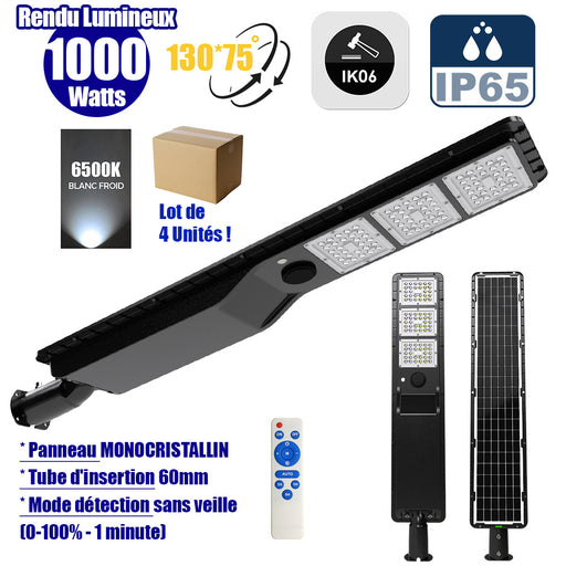 Lot de 4x Lampes de rue solaire - Série POWER EVO V2 - 1000 Watts - 3000 Lumens - IP65 - Angle 130x75° - 106 x 20 x 9 cm - Panneau MONOCRISTALLIN - Structure en ALUMINIUM - Mode détection sans veille (0-100% - 1 minute) - Télécommande - 6500k