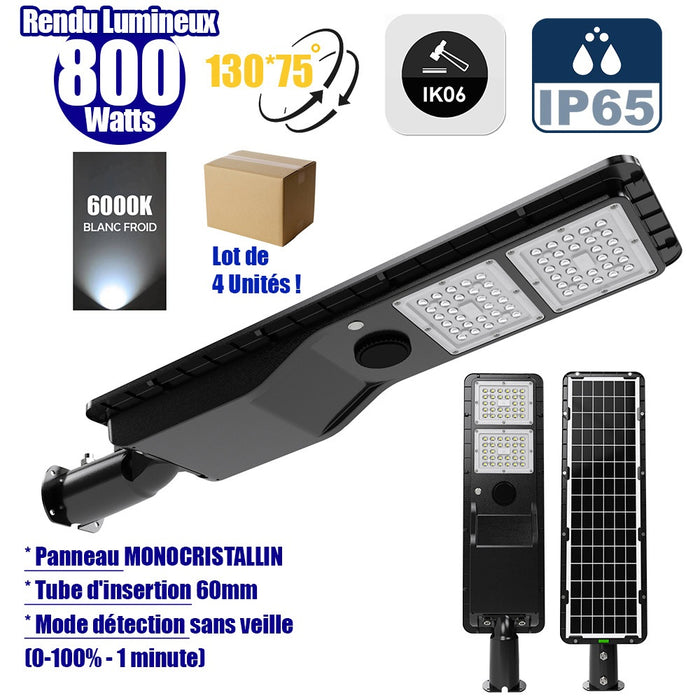Lot de 4x Lampes de rue solaires - Série POWER EVO V2 - 800 Watts - 2200 Lumens - IP65 - Angle 130x75° - 75 x 20 x 9 cm - Panneau MONOCRISTALLIN - Structure en ALUMINIUM - Capteur de présence PIR - Mode détection sans veille (0-100% - 1 minute) - 6000K
