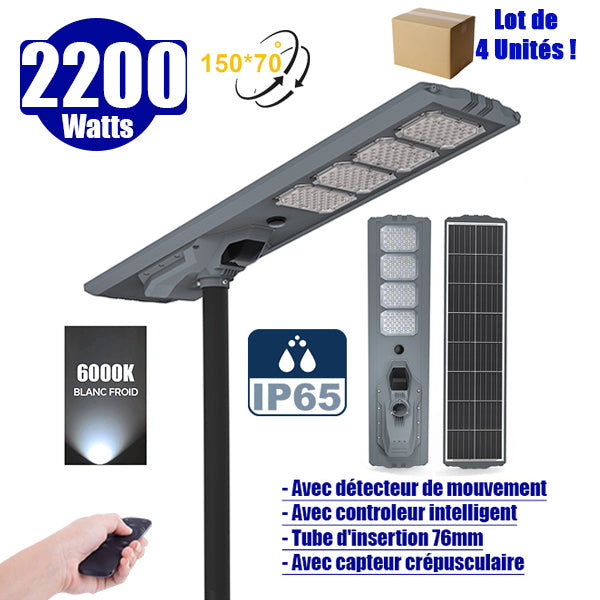 Lot de 4x Lampes de rue solaires- Série STARSHIP ULTRA 12000 - Rendu lumineux 2200 Watts - 12 000 Lumens - Couleur 6000k - Angle 150x70° - IP65 - Structure aluminium - Dimensions 167 x 36 x 16cm - Tube d'insertion 76mm - Contrôle intelligent - Capteur PIR