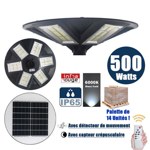 Palette de 14x Lampes solaires pour extérieur - Série OVNI - Version HERCULE 500 - Rendu lumineux 500 Watts - 2200 lumens – Angle 360° - Diamètre tube d'insertion 60 / 76 mm - Avec détecteur de mouvement – Capteur crépusculaire - Avec télécommande - 6000k