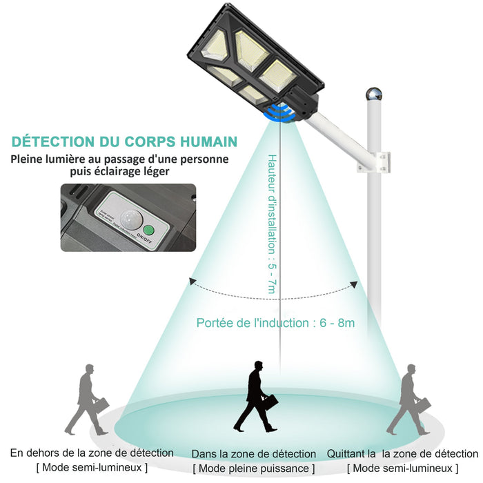 Lampadaire solaire extérieur de rue / parking - Série POWER ULTRA - Rendu 200 Watts - 2000 lumens - 180° - IP65 - 46 x 36 x 8 cm - Avec capteur crépusculaire - Télécommande - Avec détecteur de mouvement - Diamètre tube d’insertion 45 mm