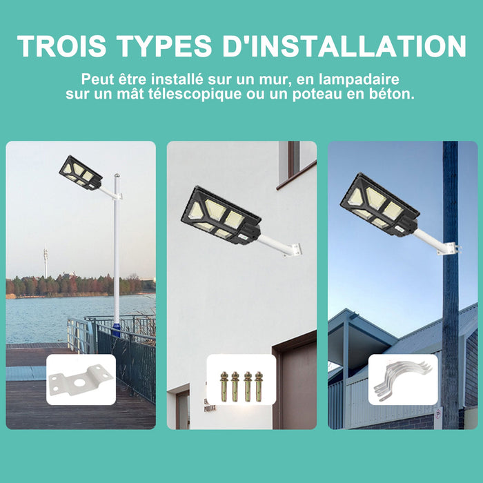 Lampadaire solaire extérieur de rue / parking - Série POWER ULTRA - Rendu 200 Watts - 2000 lumens - 180° - IP65 - 46 x 36 x 8 cm - Avec capteur crépusculaire - Télécommande - Avec détecteur de mouvement - Diamètre tube d’insertion 45 mm