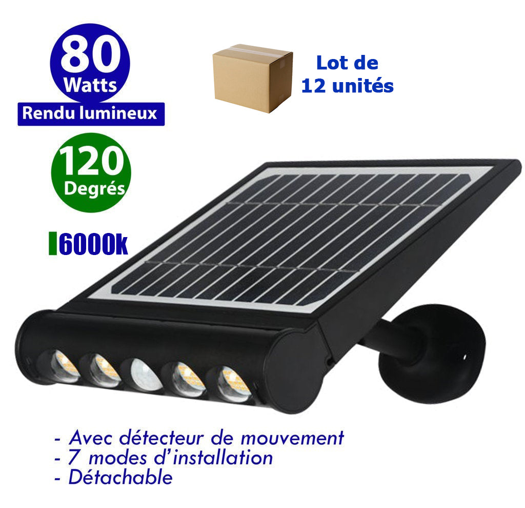 Lot de 12x Projecteurs / Lampes de sécurité solaires LED multifonctionnelles - Série SNIPER – Rendu lumineux 80 Watts - Angle 120° - IP65 - 26 x 21 x 7 cm – Détachable – 7 types d’installations - Avec détecteur de mouvement – Couleur éclairage 6000k