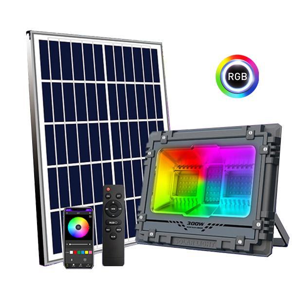 Carton / Lot de 7x Projecteurs LED solaires - Série WARRIOR RGBW (Multicolores + Blanc) - 60 Watts - Angle 120° - Lampe 21 x 17 x 6 cm - IP67 - Avec télécommande - Avec capteur crépusculaire - Bluetooth - Rythme musical