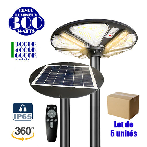 Lot de 5x Lampes solaires pour extérieur - Série OVNI TRICOLORE - Rendu lumineux 300W - 2000 lumens  - IP65 - 360° - Diamètre tube d'insertion 60 / 76 mm - Télécommande - Détecteur de mouvement - Capteur crépusculaire - Couleur de température au choix