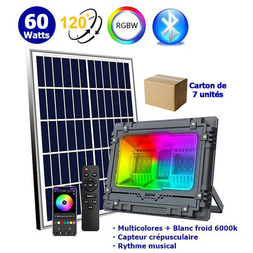 Carton / Lot de 7x Projecteurs LED solaires - Série WARRIOR RGBW (Multicolores + Blanc) - 60 Watts - Angle 120° - Lampe 21 x 17 x 6 cm - IP67 - Avec télécommande - Avec capteur crépusculaire - Bluetooth - Rythme musical