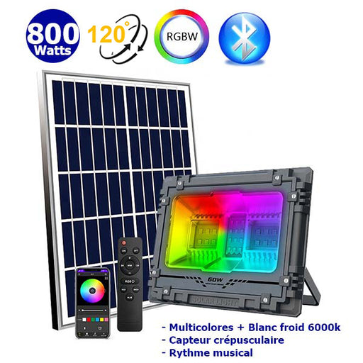Projecteur LED solaire - Série WARRIOR RGBW (Multicolores + Blanc) - 800 Watts - Angle 120° - Lampe 38,5 x 30,3 x 8cm - IP67 - Avec télécommande - Avec capteur crépusculaire - Bluetooth - Rythme musical