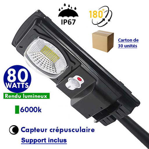 Carton / Lot de 30x Lampes de rue solaires - Série CYCLOPE - Rendu lumineux 80 Watts - Angle éclairage 180 ° - IP67 - 25 x 14 x 4 cm - Avec capteur crépusculaire – Support mural intégré – Couleur 6000K