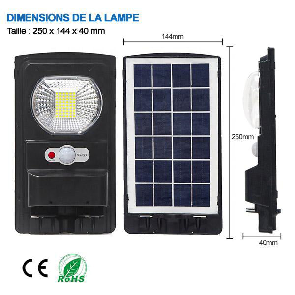 Lampe de rue solaire - Série CYCLOPE - Rendu lumineux 80 Watts - Angle éclairage 180 ° - IP67 - 25 x 14 x 4 cm - Avec capteur crépusculaire – Support mural intégré – Couleur 6000K