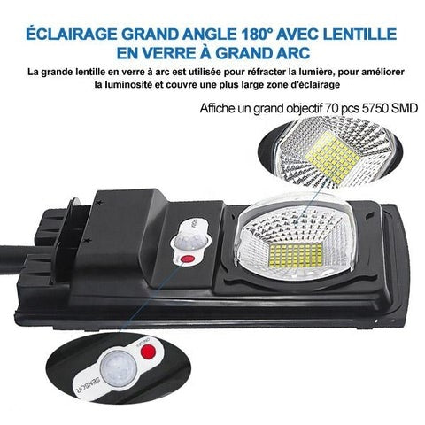 Lampe de rue solaire - Série CYCLOPE - Rendu lumineux 80 Watts - Angle éclairage 180 ° - IP67 - 25 x 14 x 4 cm - Avec capteur crépusculaire – Support mural intégré – Couleur 6000K