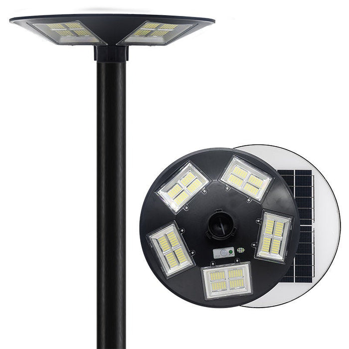 Lampe solaire pour extérieur - Série OVNI - Version HERCULE 400 - Rendu lumineux 400 Watts - 2000 lumens - Angle 360° - IP65 - Diamètre tube d'insertion 60 / 76mm - Avec détecteur de mouvement – Capteur crépusculaire - Avec télécommande - 6000k