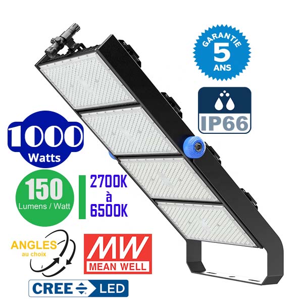 Projecteur haute puissance LED de stade - Série EXCEPTION - 1000 Watts - 150 000 Lumens - 150 Lumens/Watt - Angle 15°/30°/45°/60°/90°/120° au choix - 46 x 88 x 18 cm - IP66 - IK08 - 2700k à 6500k - Transformateur Meanwell- Garantie 5 ans