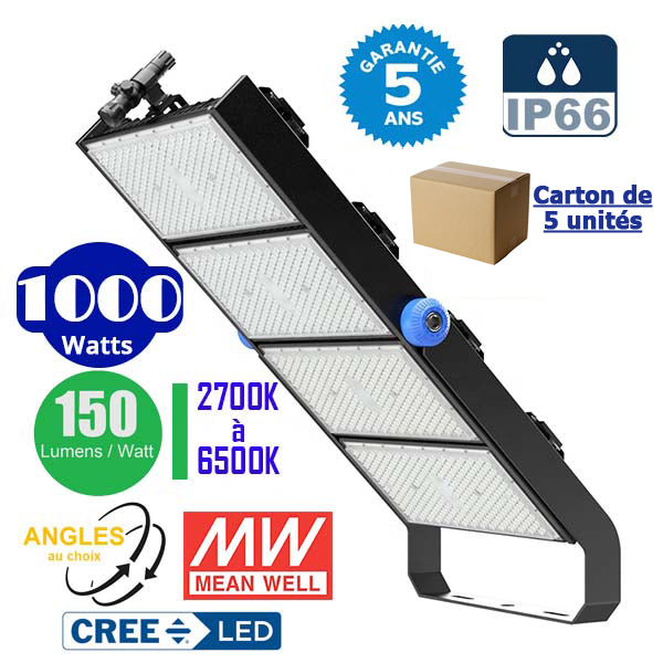 Carton / Lot de 5x Projecteurs haute puissance LED de stade - Série EXCEPTION - 1000 Watts - 150 000 Lumens - 150 Lumens/Watt - Angle 15°/30°/45°/60°/90°/120° au choix - 46 x 88 x 18 cm - IP66 - IK08 - Transformateur Meanwell- Garantie 5 ans