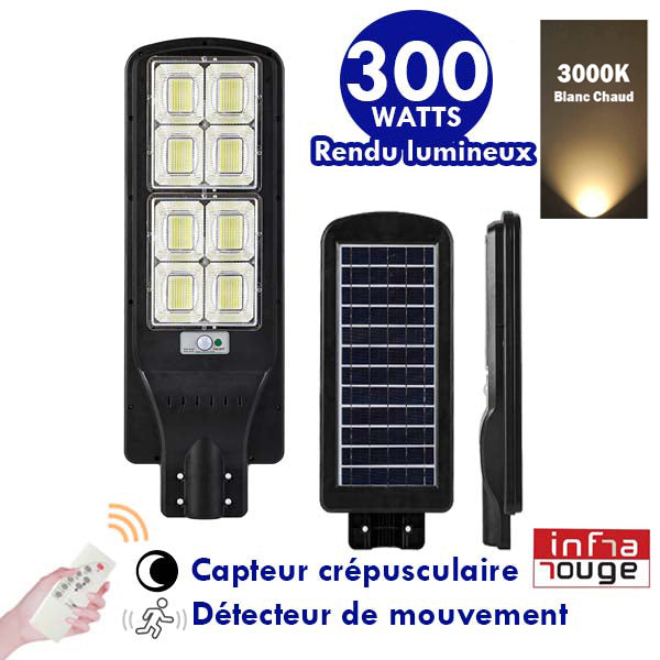 Lampe de rue solaire - Série POWER V300 - Rendu lumineux 300 Watts - Angle 120° - 78 × 9 × 27 cm - IP65 - Avec télécommande - Avec détecteur de mouvement - Avec capteur crépusculaire - 3000k - Diamètre tube d’insertion 45 mm