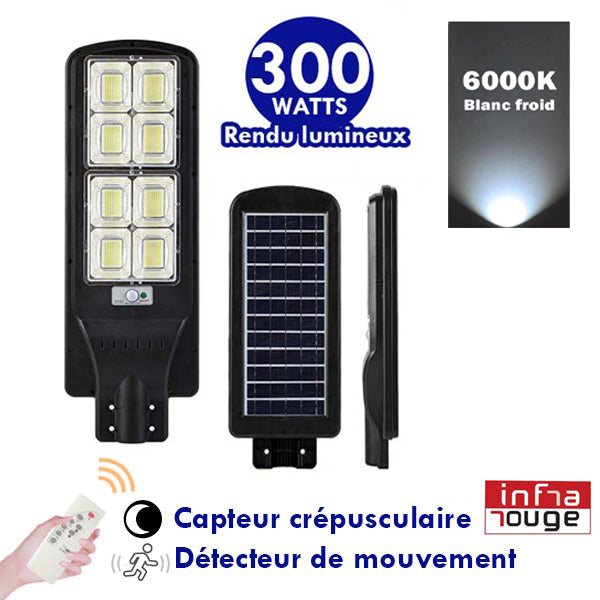 Lampe de rue solaire - Série POWER V300 - Rendu lumineux 300 Watts - Angle 120° - 78 × 9 × 27 cm - IP65 - Avec télécommande - Avec détecteur de mouvement - Avec capteur crépusculaire - 6000k - Diamètre tube d’insertion 45 mm