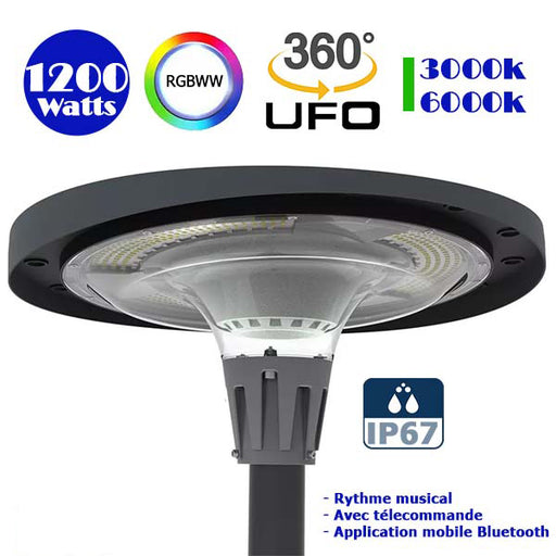 Lampe LED solaire  - Série OVNI FUTUR - RGBWW - Type UFO - 1200 Watts - 2800 lumens - Panneau Monocristallin - Angle 360° - Diamètre tube d'insertion 76 mm - Télécommande - Application mobile Bluetooth - Rythme musical - Couleur 3000K / 6000K / RGB