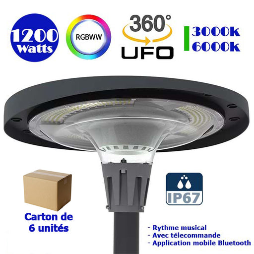 Carton / Lot de 6x Lampes LED solaire  - Série OVNI FUTUR - RGBWW - Type UFO - 1200 Watts - 2800 lumens - Panneau Monocristallin - Diamètre tube d'insertion 76 mm - Télécommande - Application mobile Bluetooth - Rythme musical - Couleur 3000K / 6000K / RGB