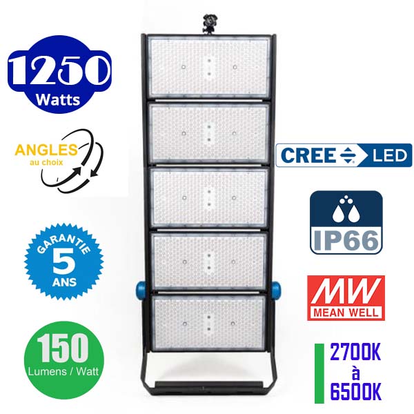 Projecteur haute puissance LED de stade - Série EXCEPTION - 1250 Watts - 187 500 Lumens - 150 Lumens/Watt - Angle 15°/30°/45°/60°/90°/120° au choix - 46 x 106 x 18 cm - IP66 - IK08 - 2700k à 6500k - Transformateur Meanwell- Garantie 5 ans