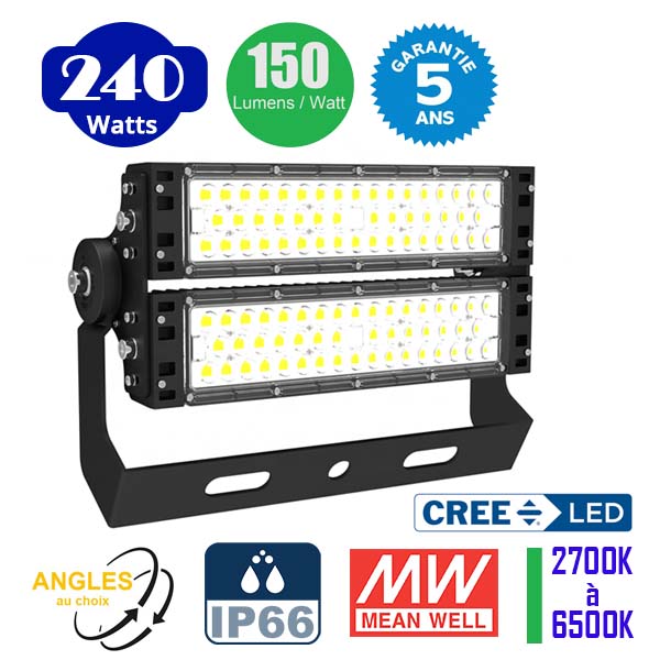 Projecteur haute puissance LED de stade - Série EXCEPTION - 240 Watts - 36 000 Lumens - 150 Lumens/Watt - Angle 20°/40°/60°/90° au choix - 44 x 28 x 11 cm - IP66 - IK08 - 2700k à 6500k - Transformateur Meanwell- Garantie 5 ans