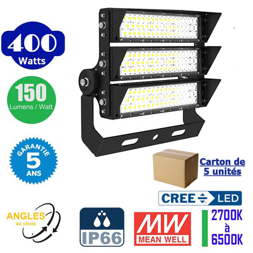 Carton / Lot de 5x Projecteurs haute puissance LED de stade - Série EXCEPTION - 400 Watts - 60 000 Lumens - 150 Lumens/Watt - Angle 20°/40°/60°/90° au choix - 44 x 38 x 11 cm - IP66 - IK08 - 2700k à 6500k - Transformateur Meanwell- Garantie 5 ans