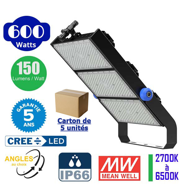 Carton / Lot de 5x Projecteurs haute puissance LED de stade - Série EXCEPTION - 600 Watts - 90 000 Lumens - 150 Lumens/Watt - Angle 15°/30°/45°/60°/120° au choix - 92 x 74 x 13 cm - IP66 - IK08 - 2700k à 6500k - Transformateur Meanwell- Garantie 5 ans