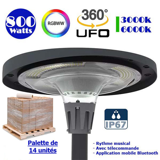 Palette de 14x Lampes LED solaires  - Série OVNI FUTUR - RGBWW - Type UFO - 800 Watts - 2000 lumens - Panneau Polycristallin - Diamètre tube d'insertion 76 mm - Télécommande - Application mobile Bluetooth - Rythme musical - Couleur 3000K / 6000K / RGB