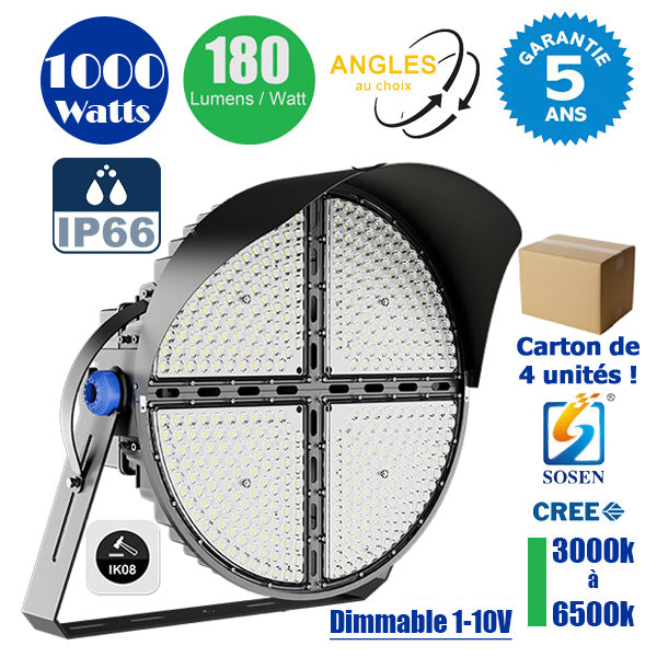 Carton / Lot de 4x Projecteurs de stade - Série ROUND V2 - 1000 Watts -  180 000 Lumens - 180 Lumens/Watt - Angle 20° /  30° / 45° / 60° au choix - IP66 - 70 x 65 x 26 cm - 3000k à 6500k - Dimmable - Transformateur SOSEN - Garantie 5 ans