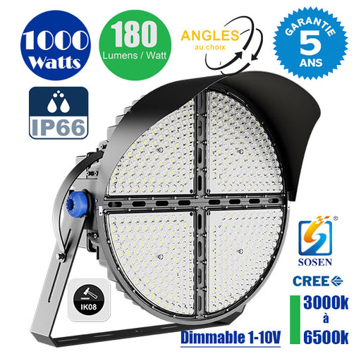 Projecteur de stade - Série ROUND V2 - 1000 Watts -  180 000 Lumens - 180 Lumens/Watt - Angle 20° /  30° / 45° / 60° au choix - IP66 - 70 x 65 x 26 cm - 3000k à 6500k - Dimmable - Transformateur SOSEN - Garantie 5 ans