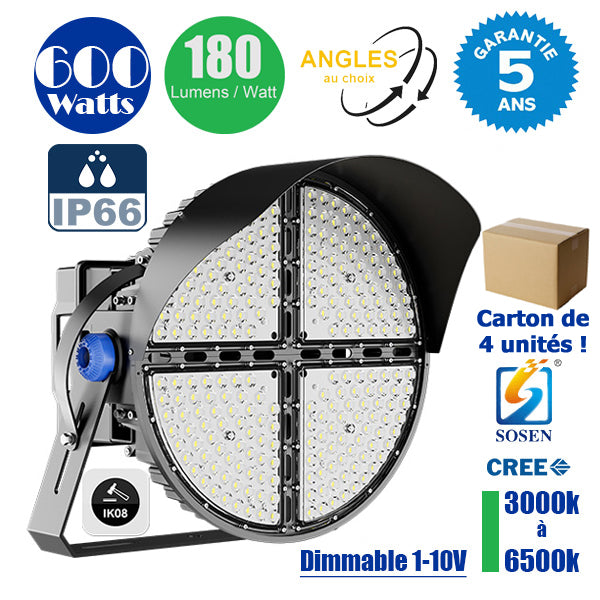 Carton / Lot de 4x Projecteurs de stade - Série ROUND V2 - 600 Watts -  108 000 Lumens - 180 Lumens/Watt - Angle 20° /  30° / 45° / 60° au choix - IP66 - 59 x 51 x 26 cm - 3000k à 6500k - Dimmable - Transformateur SOSEN - Garantie 5 ans