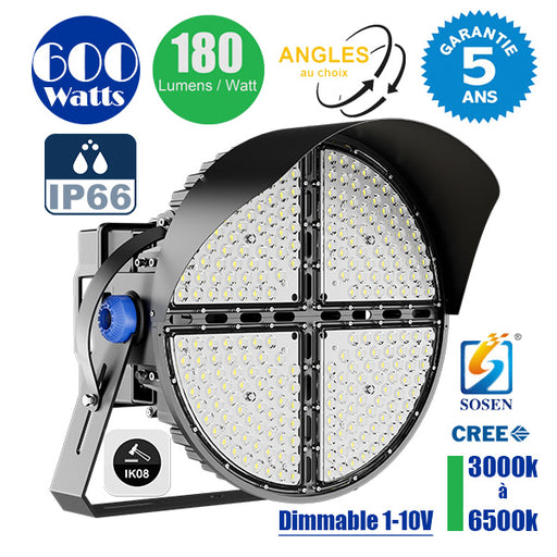 Projecteur de stade - Série ROUND V2 - 600 Watts -  108 000 Lumens - 180 Lumens/Watt - Angle 20° /  30° / 45° / 60° au choix - IP66 - 59 x 51 x 26 cm - 3000k à 6500k - Dimmable - Transformateur SOSEN - Garantie 5 ans