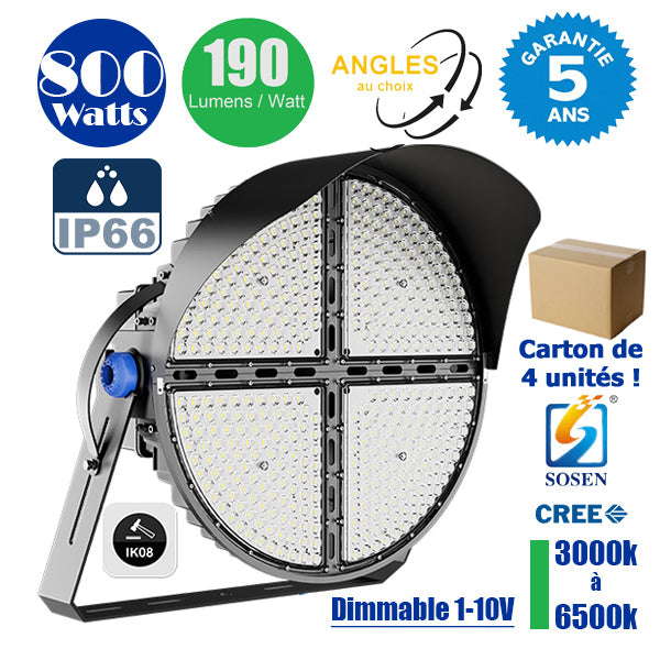 Carton / Lot de 4x Projecteurs de stade - Série ROUND V2 - 800 Watts -  152 000 Lumens - 190 Lumens/Watt - Angle 20° /  30° / 45° / 60° au choix - IP66 - 70 x 65 x 26 cm - 3000k à 6500k - Dimmable - Transformateur SOSEN - Garantie 5 ans