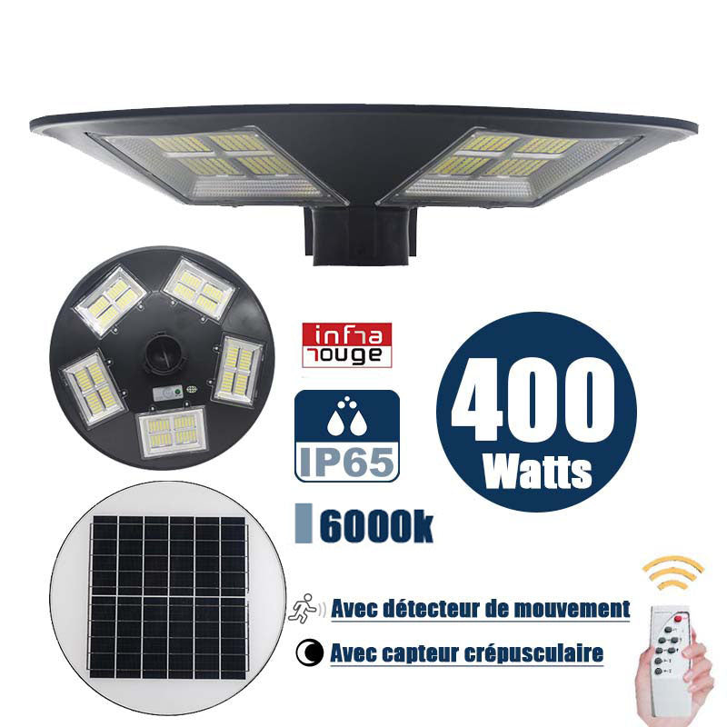 Lampe solaire pour extérieur - Série OVNI - Version HERCULE 400 - Rendu lumineux 400 Watts - 2000 lumens - Angle 360° - IP65 - Diamètre tube d'insertion 60 / 76mm - Avec détecteur de mouvement – Capteur crépusculaire - Avec télécommande - 6000k