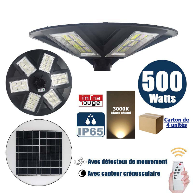 Lot de 4x Lampes solaires pour extérieur - Série OVNI - Version HERCULE 500 - Rendu lumineux 500 Watts - 2200 lumens - Angle 360° - Diamètre tube d'insertion 60 / 76 mm - Avec détecteur de mouvement – Capteur crépusculaire - Avec télécommande - 3000k