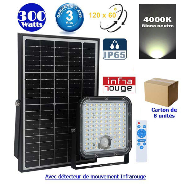 Lot / Carton de 8x Projecteurs LED solaires - Série SECURITY V1 - Rendu lumineux 300 Watts - 4800 lumens - Angle 120° x 60° - IP65 - 4000k - Lampe 20 x 19 x 5 cm - Panneau solaire monocristallin - Détecteur PIR - Télécommande
