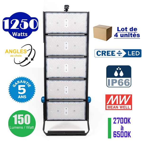 Lot de 4x Projecteurs haute puissance LED de stade - Série EXCEPTION - 1250 Watts - 187 500 Lumens - 150 Lumens/Watt - Angle 15°/30°/45°/60°/90°/120° au choix - 46 x 106 x 18 cm - IP66 - IK08 - Transformateur Meanwell- Garantie 5 ans
