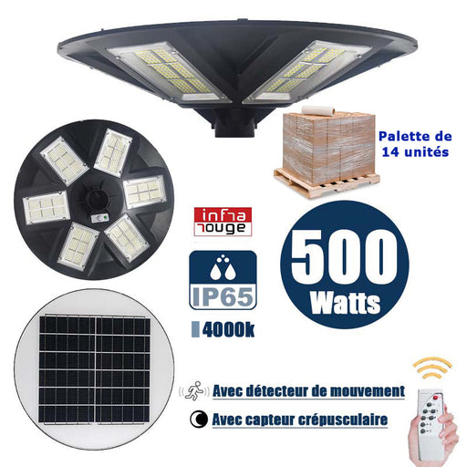 Palette de 14x Lampes solaires pour extérieur - Série OVNI - Version HERCULE 500 - Rendu lumineux 500 Watts - 2200 lumens – Angle 360° - Diamètre tube d'insertion 60 / 76 mm - Avec détecteur de mouvement – Capteur crépusculaire - Avec télécommande - 4000k
